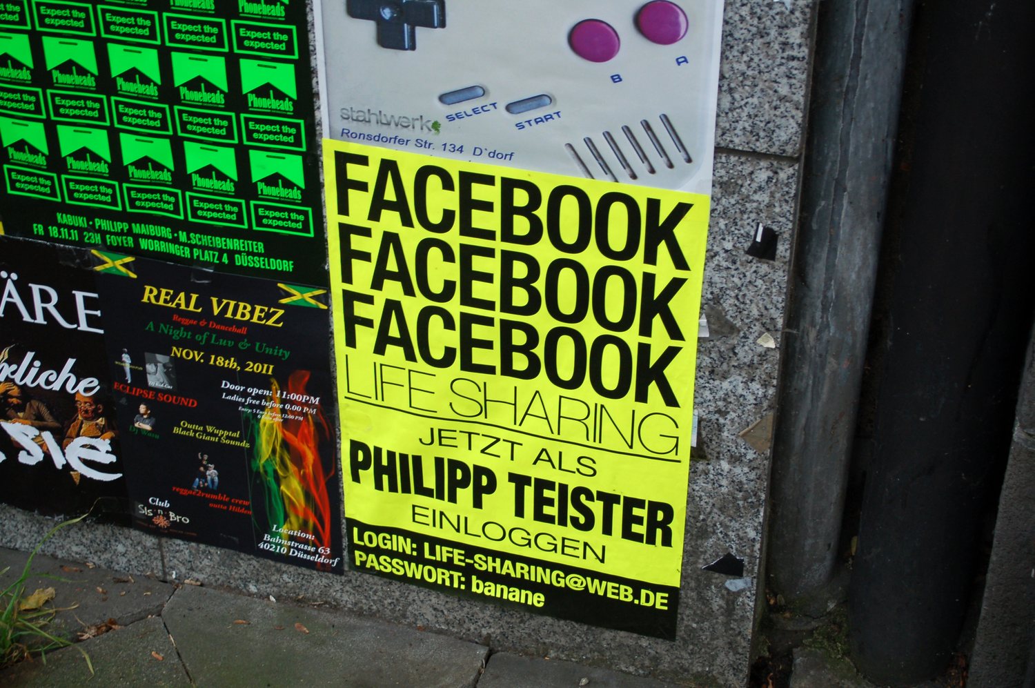 transprivacy — Philipp Teister's 'FACEBOOK — Life Sharing' poster on a dense poster wall