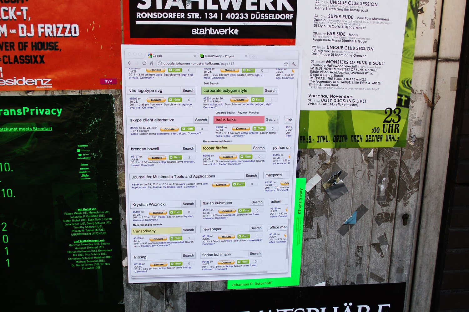 transprivacy — Johannes P. Osterhoff's minimalist Google search-page poster among street advertising
